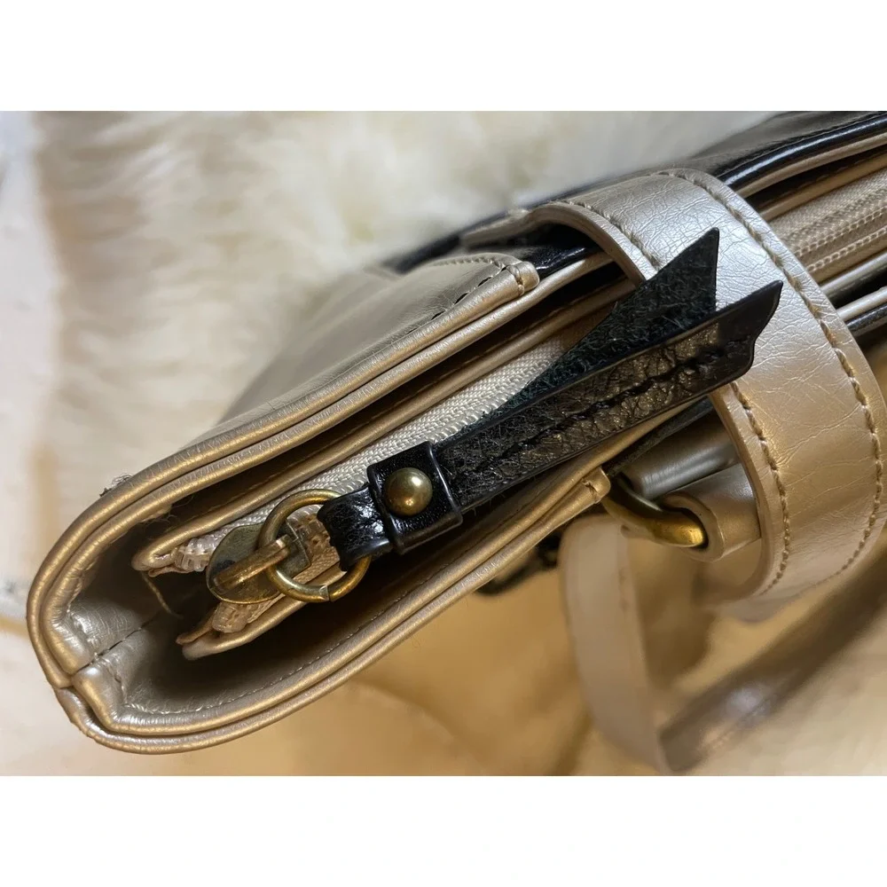 Aurielle Genuine Leather Tote Bag Black Silver Metallic Large Shoulder Handbag